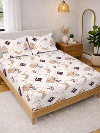 KLOTTHE Cream Color & Green Printed 300 TC Double Bedsheet & 2 Pillow Covers-2.5 m x 2.25m