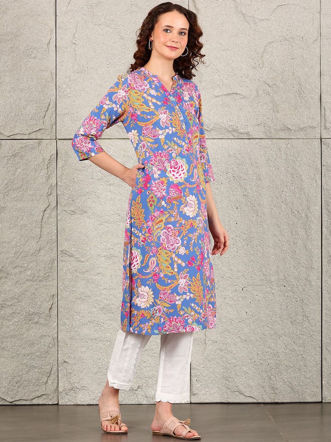 W Women Floral Printed Flared Sleeves Sequinned Kurta