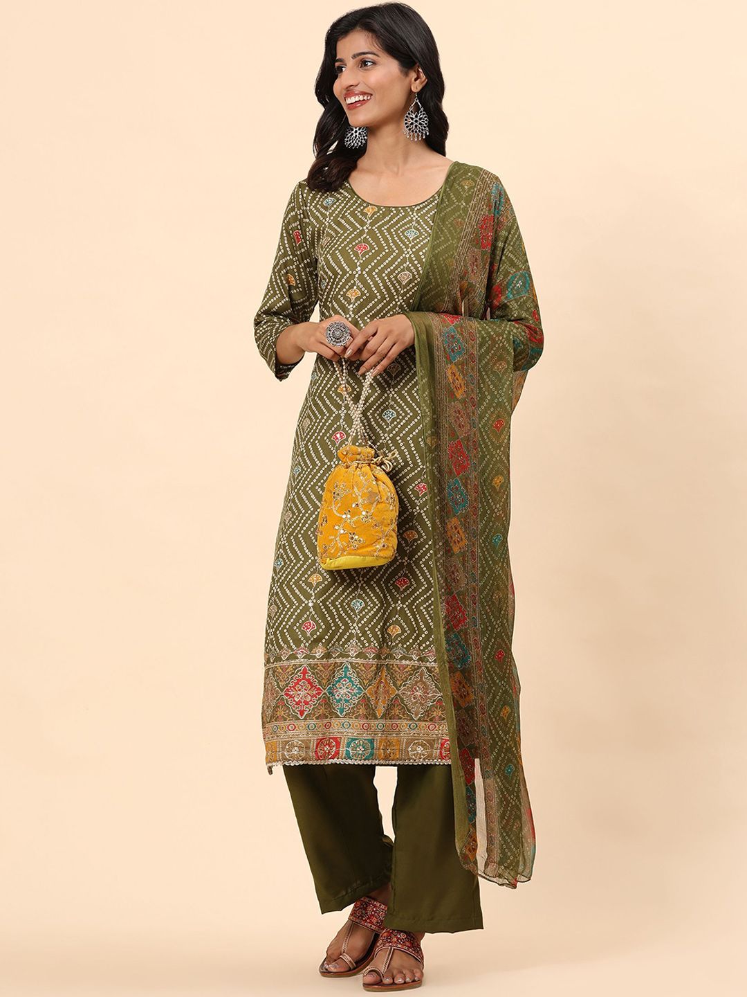 Kurta Lurus Kapas Tulen Bercetak Mamicha Bandhani dengan Palazzos & Dupatta
