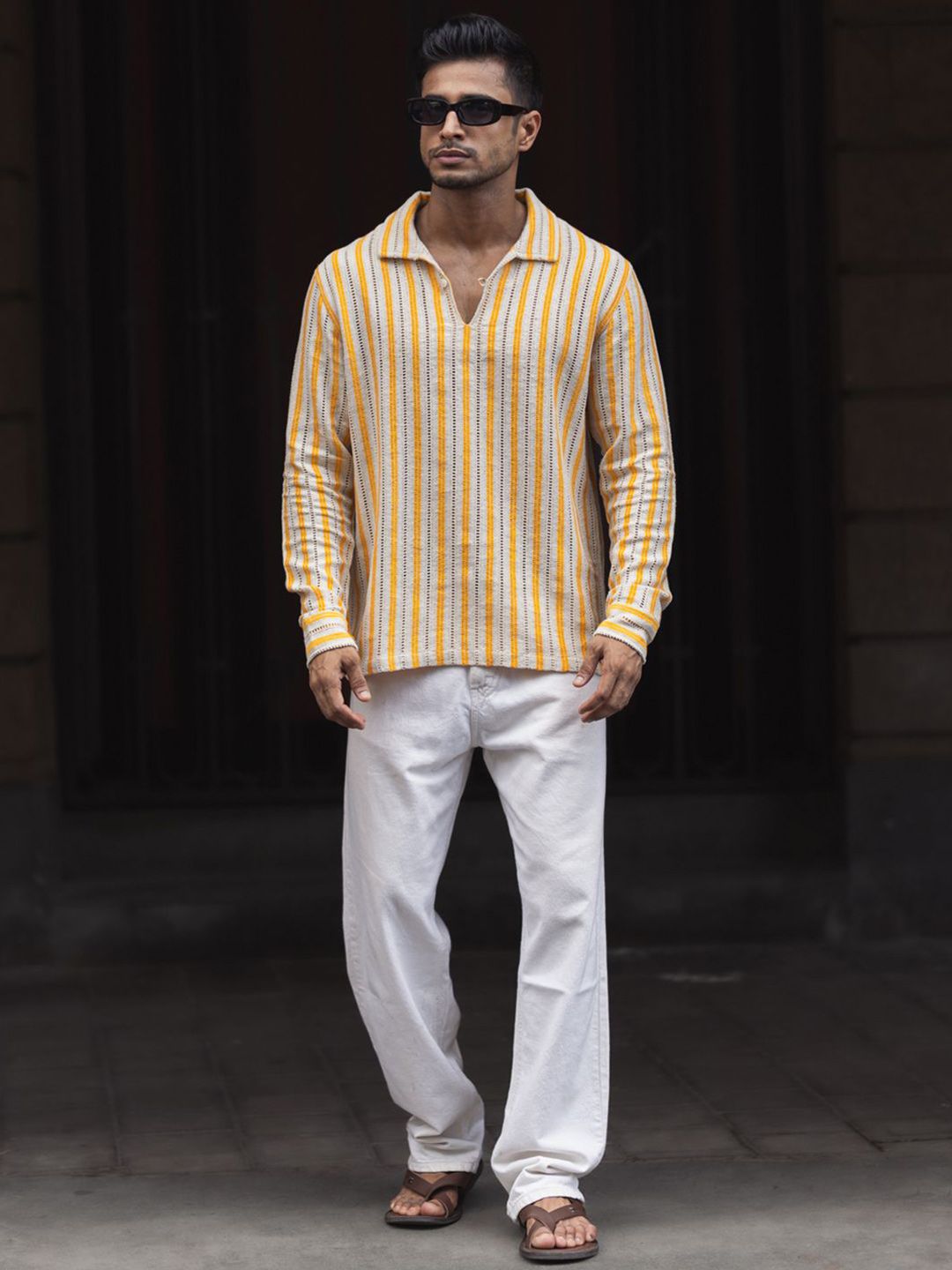 Powerlook Men Spread Collar Vertical Striped Casual Shirt