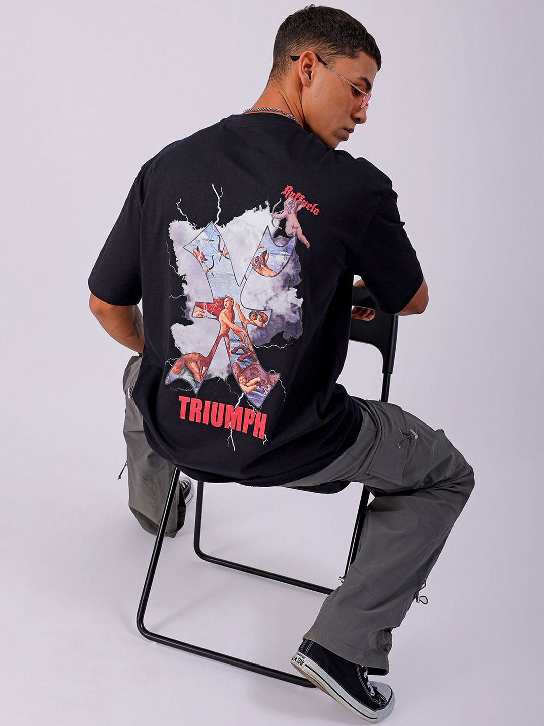 The Indian Garage Co Men Back Printed Boxy Oversized Round Neck Pure Cotton T-shirt