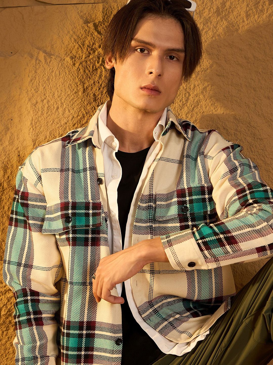 DENNISON Men Double Pocket Drop Shoulder Oversized Cotton Checked Shacket