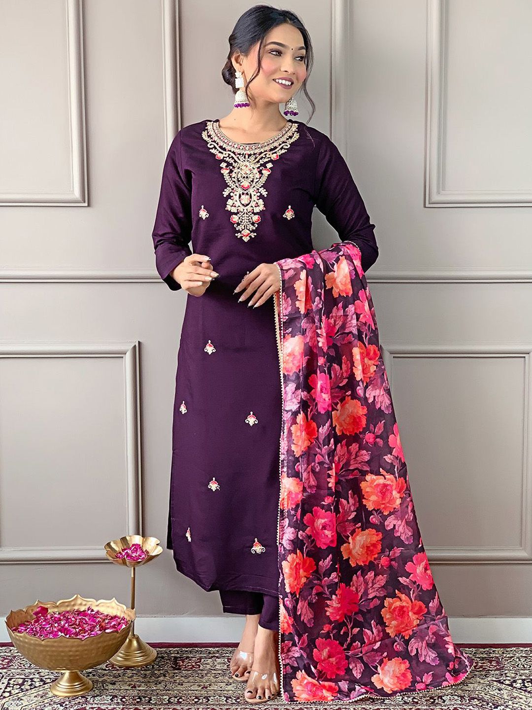 KALINI Women Embroidered Straight Kurta with Trousers & Dupatta
