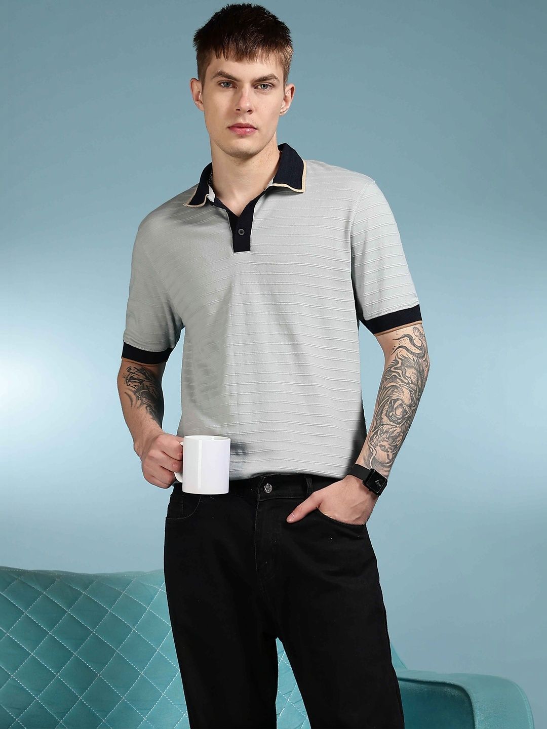 Eszett Classic Textured Self Design Cotton Polo Collar Short Sleeves T-shirt