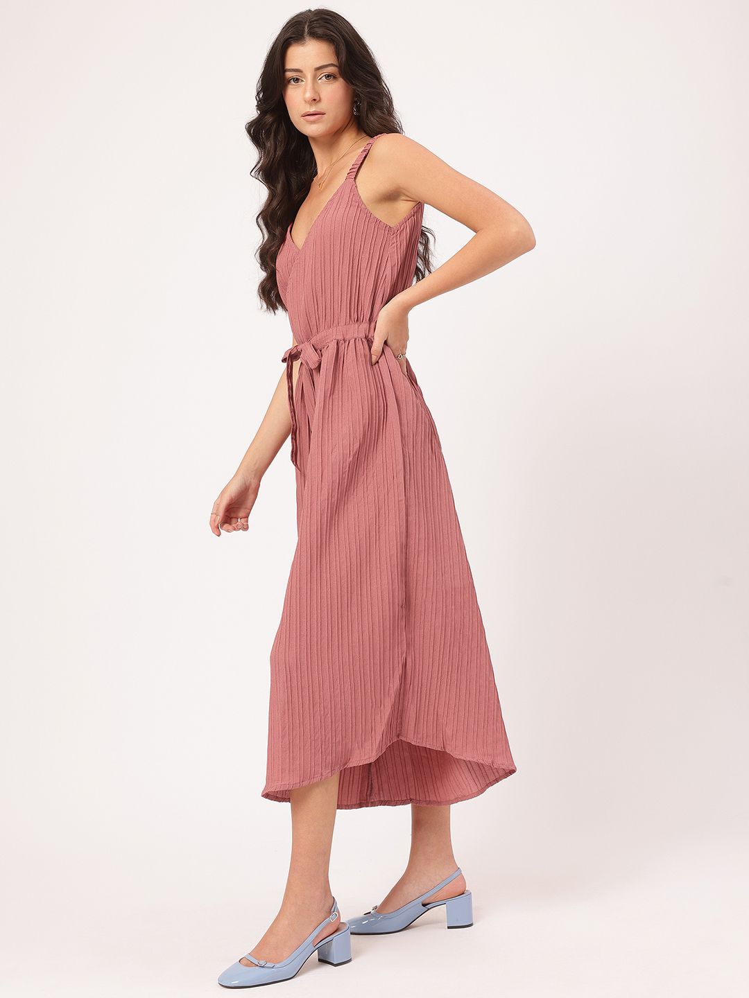 DressBerry Blush & Bold Shoulder Straps Accordion Pleated Crop Jumpsuit
