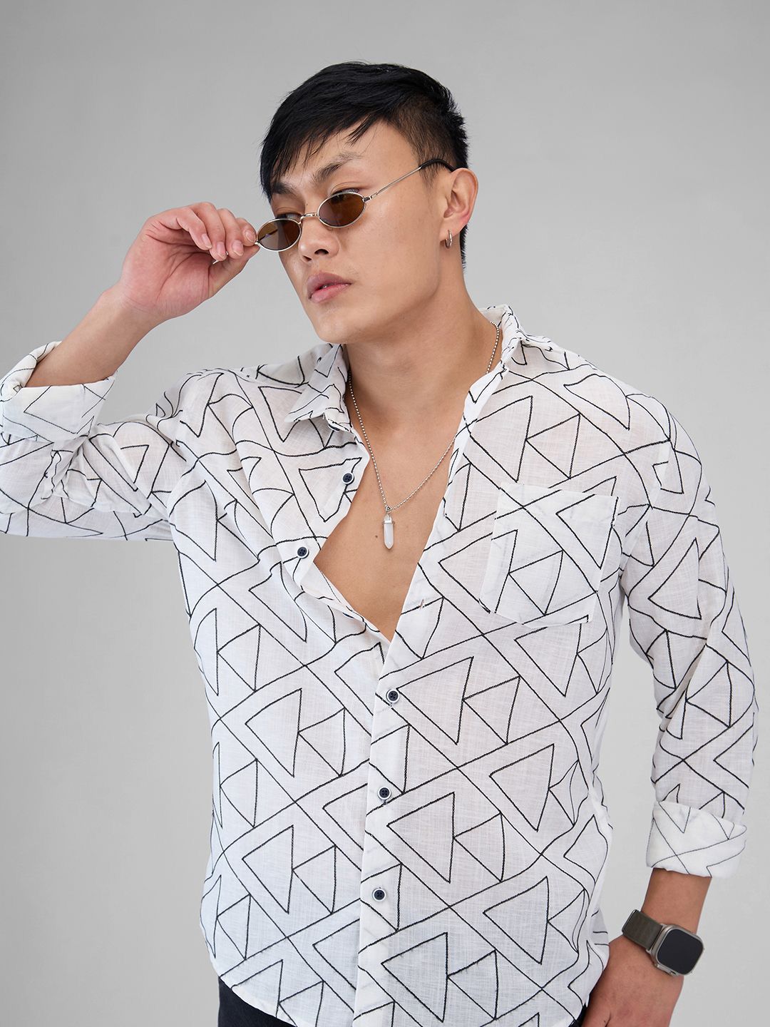 VASTRADO Men Classic Spread Collar Geometric Printed Cotton Slim Fit Casual Shirt