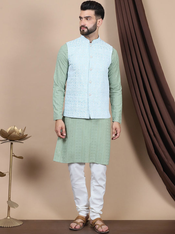 Anouk Blue Embroidered Straight Sequinned Pure Cotton Kurta with Churidar & Nehru Jacket
