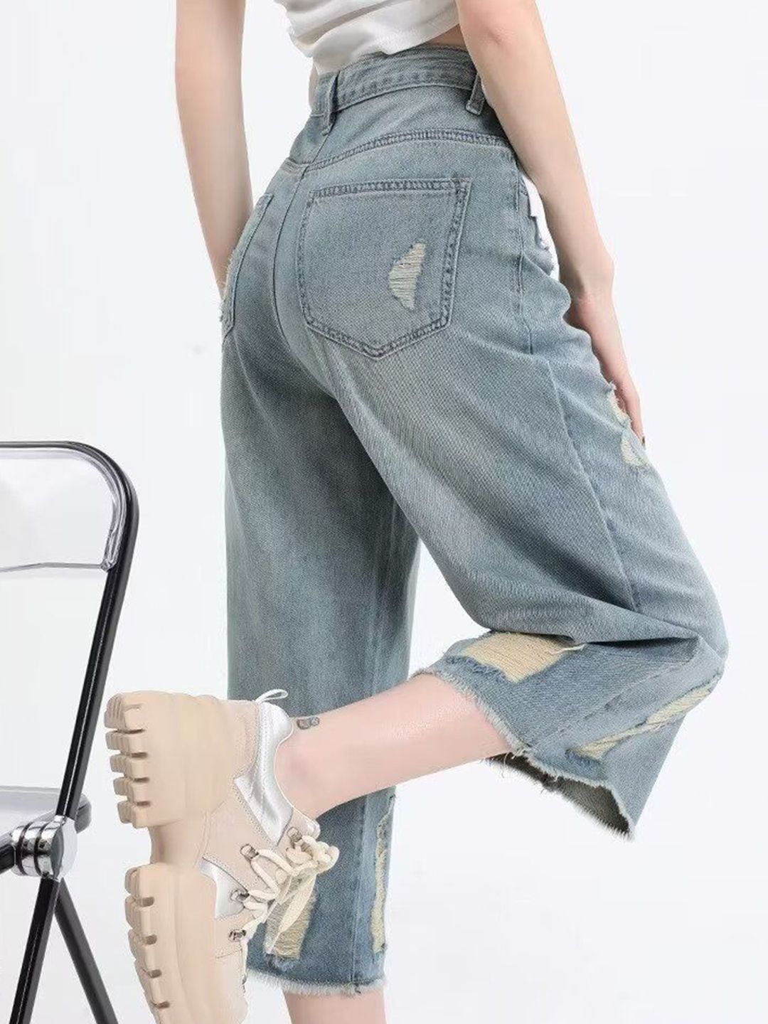 DressBerry Women Straight Fit Low Distress Light Fade Jeans
