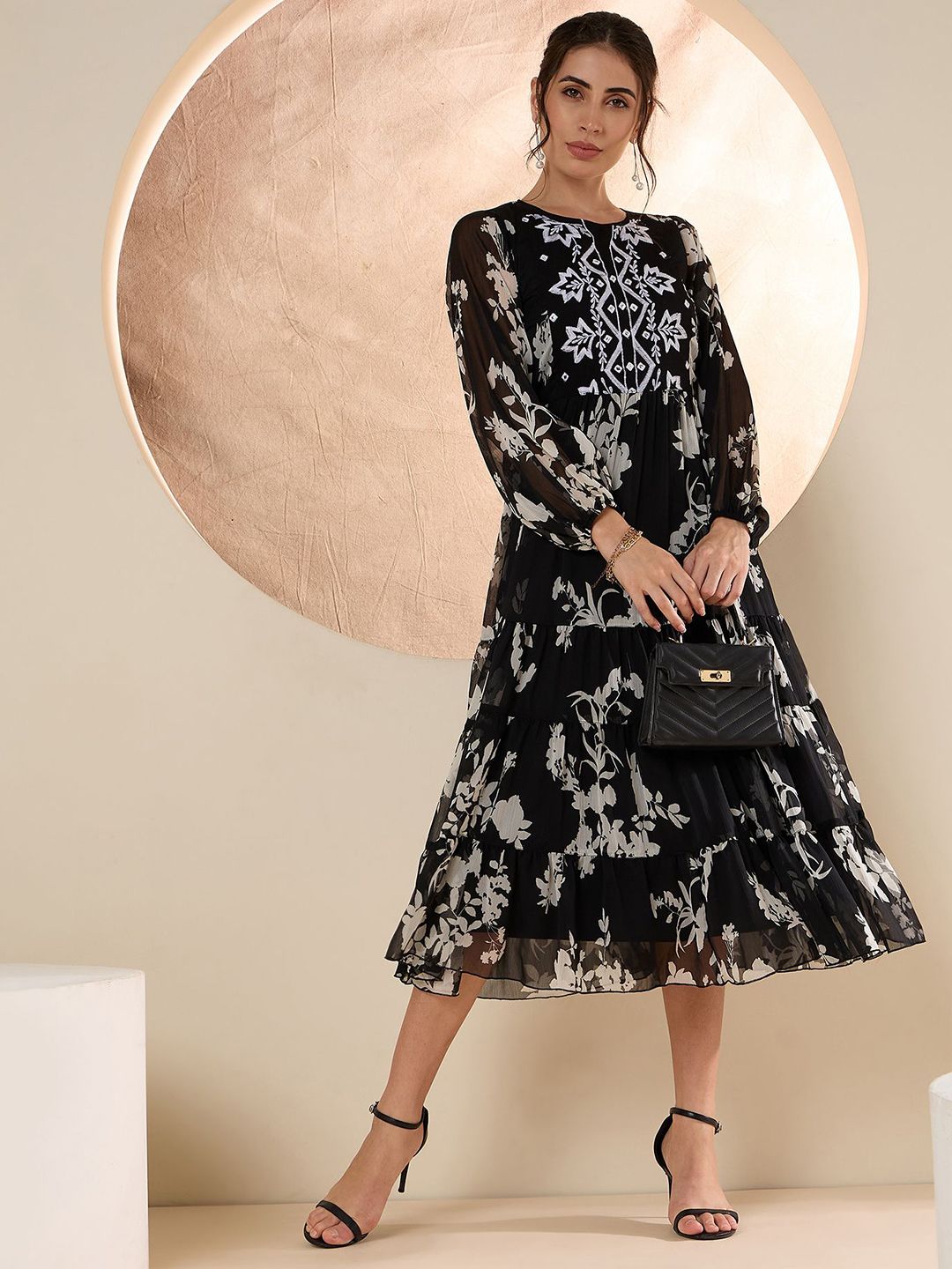 Antheaa Women Floral Embroidered Fit & Flare Midi Dress