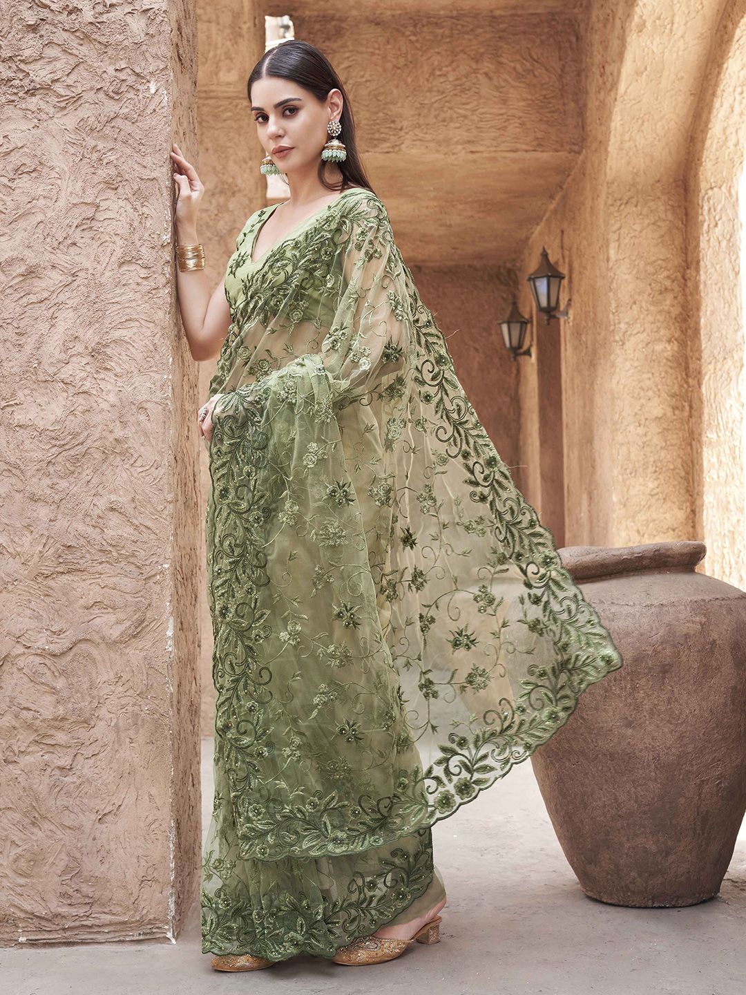 Tikhi Imli Net Embellished Embroidered Beads and Stones Saree