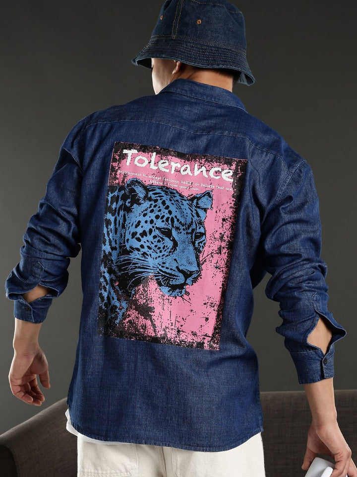Eszett Graphic Printed Spread Collar Denim Casual Shirt