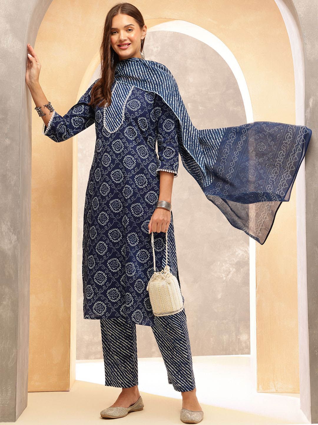 Anouk Women Ethnic Motifs Printed Regular Sequinned Pure Cotton Kurta with Trousers & With Dupatta