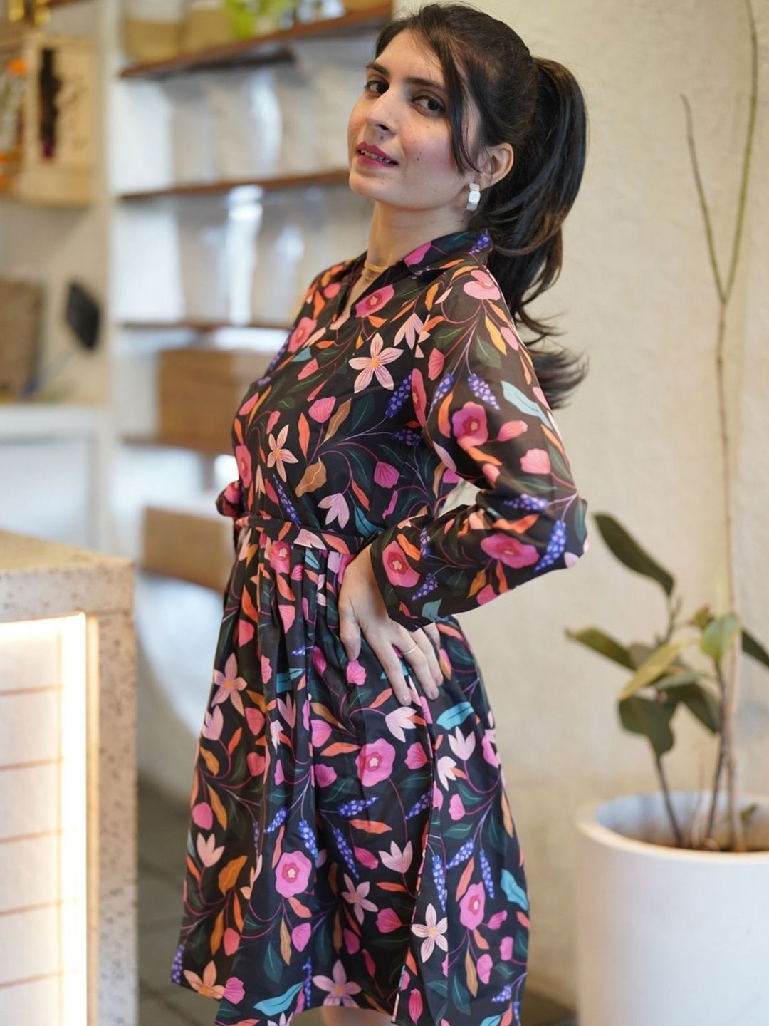 KALINI Women Floral Printed Fit & Flared Shirt Collar Above Knee Ethnic Dress