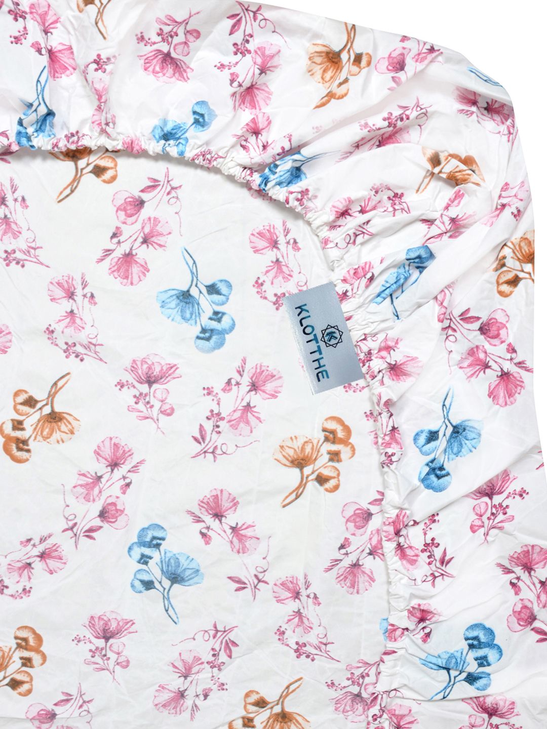 KLOTTHE White Floral Cotton 300 TC Fitted King Fine Bedsheet with 2 Pillow Covers-98 x 89 inches