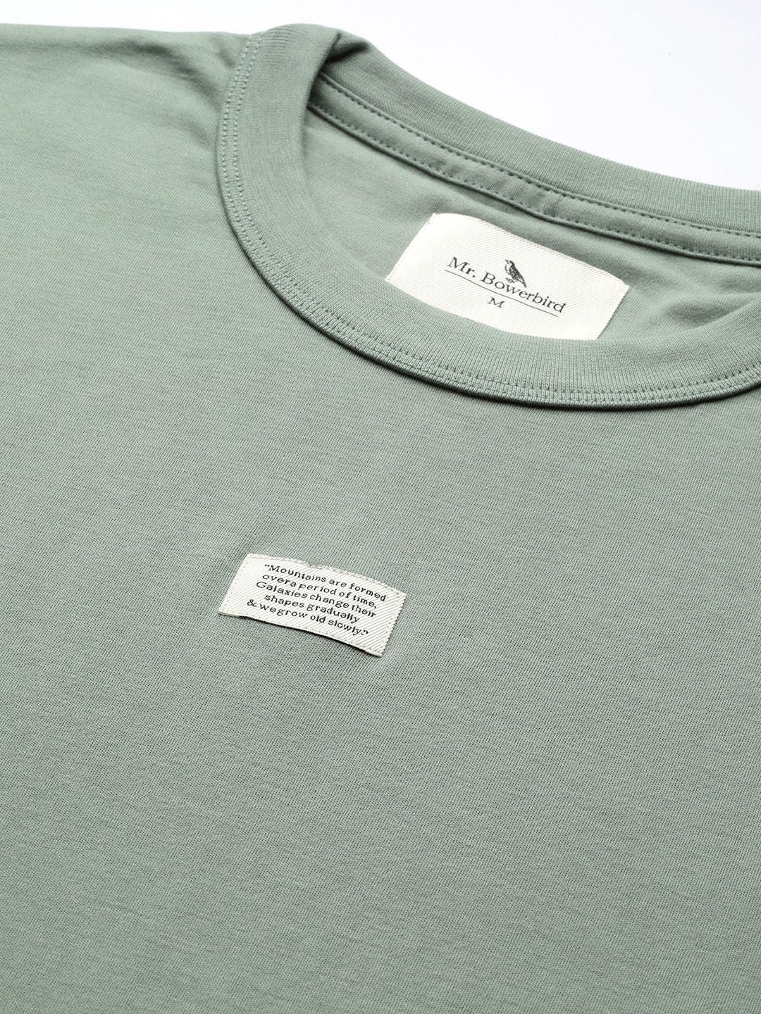 Mr Bowerbird Men Green Cotton Falsafah Kotas Krew Leher T-Shirt Kapas Tulen yang Beratur