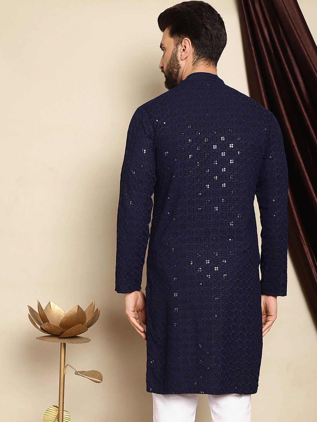 Anouk Navy Blue Motif Etnik Bersulam Labuci Lurus Cotton Pure Kurta