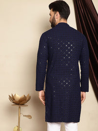 Anouk Navy Blue Motif Etnik Bersulam Labuci Lurus Cotton Pure Kurta