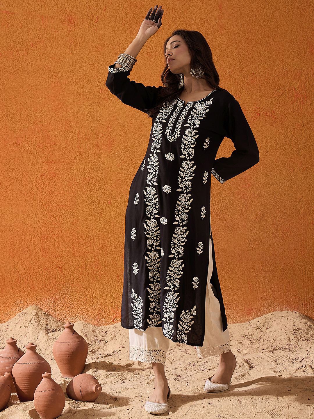 Indo Era Black Floral Embroidered Straight Kurta