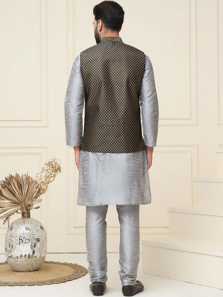 SOJANYA Mandarin Collar Silk Cotton Straight Kurta with Churidar & Nehru jacket
