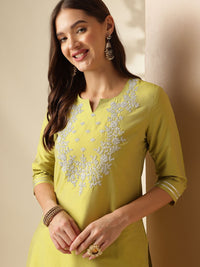 Anouk Floral Embroidered Regular Thread Work Straight Kurta with Trousers & Dupatta