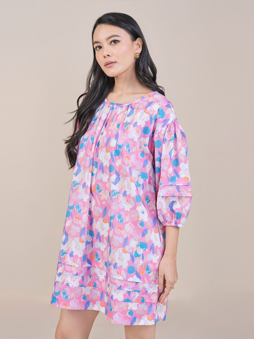 AND Floral Printed Puff Sleeve A-Line Mini Dress