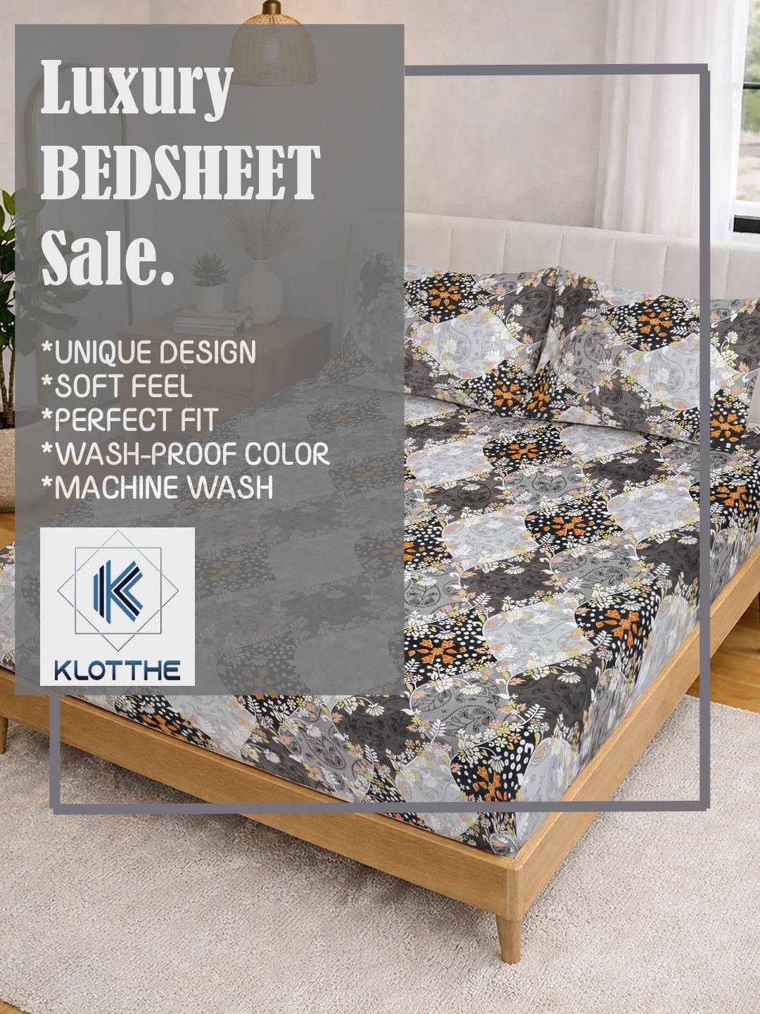 KLOTTHE Grey Floral Printed 300 TC King Bedsheets
