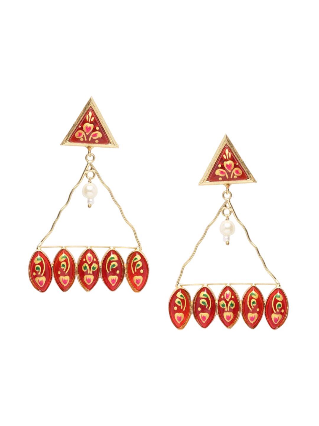 Anouk Red Gold-Plated Pearls Beaded Triangular Drop Earrings