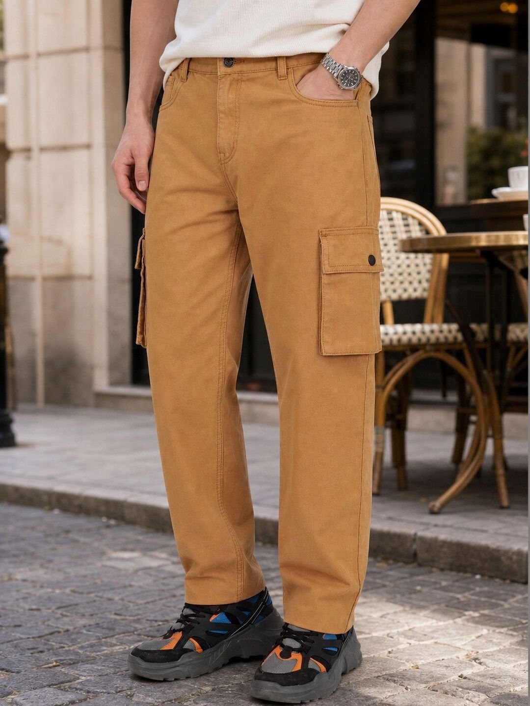 Eszett Lelaki Cotton Solid Baggy Cargos Trousers