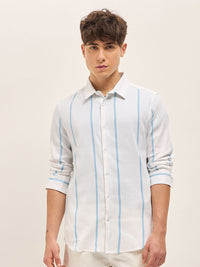 THE BEAR HOUSE Men Spread Collar Vertical Striped Cotton Slim Fit Casual Shirt