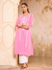 House of Chikankari Women Pink Cotton Chikankari Embroidered Kurta