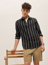 THE BEAR HOUSE Men Spread Collar Vertical Striped Cotton Slim Fit Casual Shirt