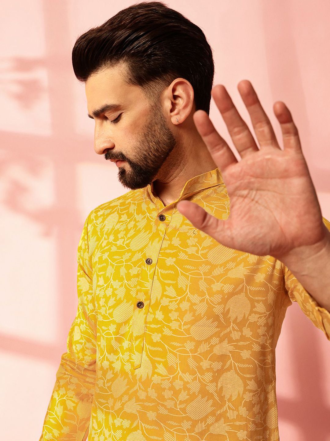 Anouk Floral Printed Band Collar Cotton Linen Straight Kurta