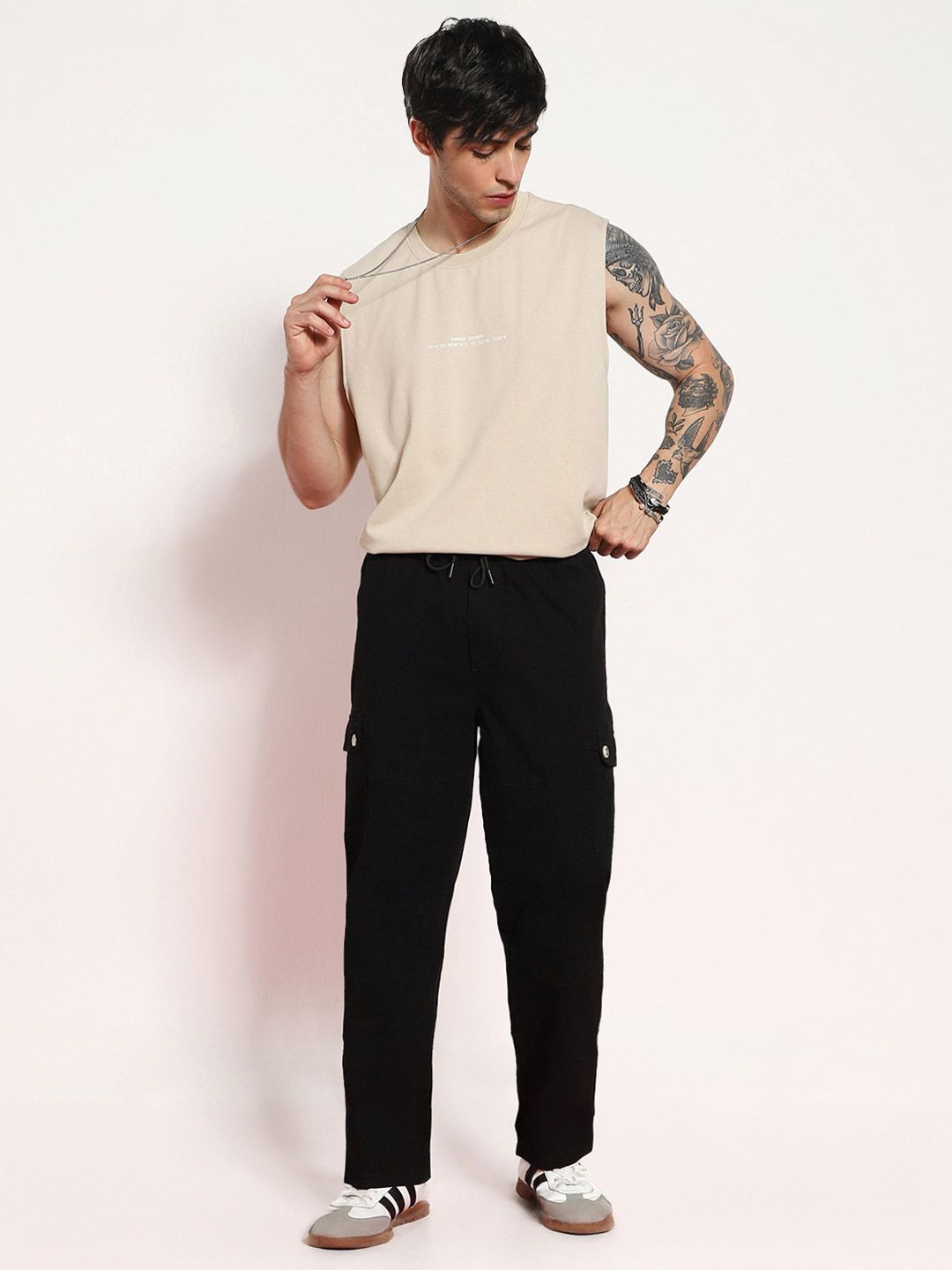 Urbano Fashion Men Black Loose Baggy Fit Cargo Jogger Chino with 6 Pockets Stretchable