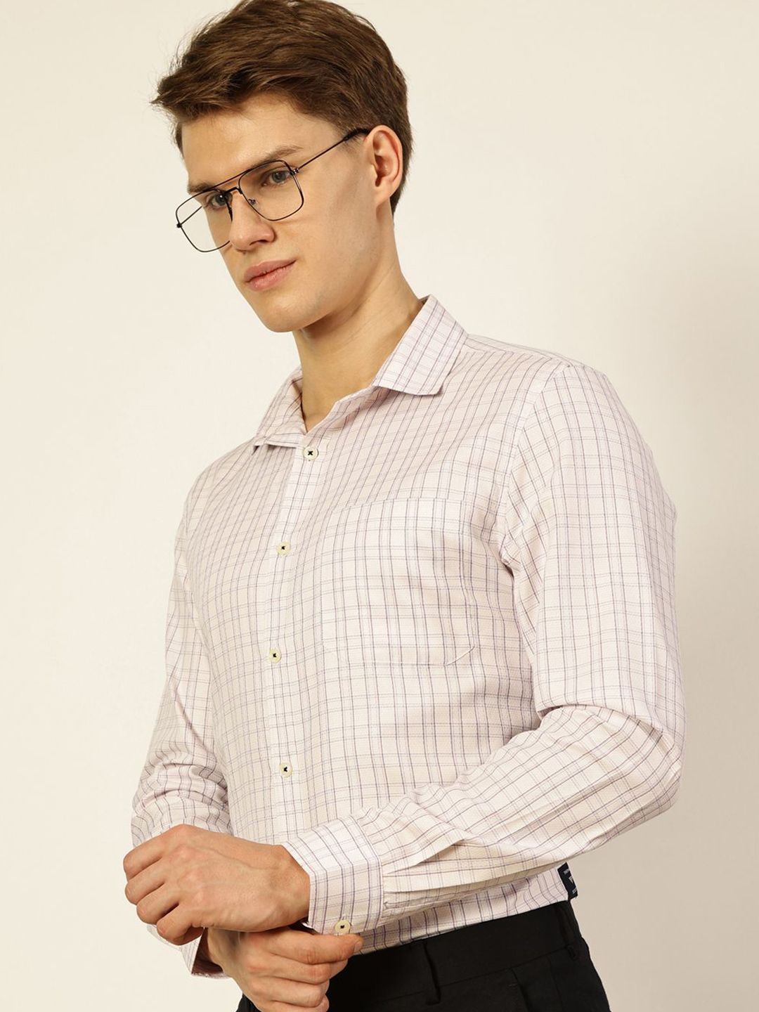 Thomas Scott Men Smart Spread Collar Checked Cotton Formal Shirt