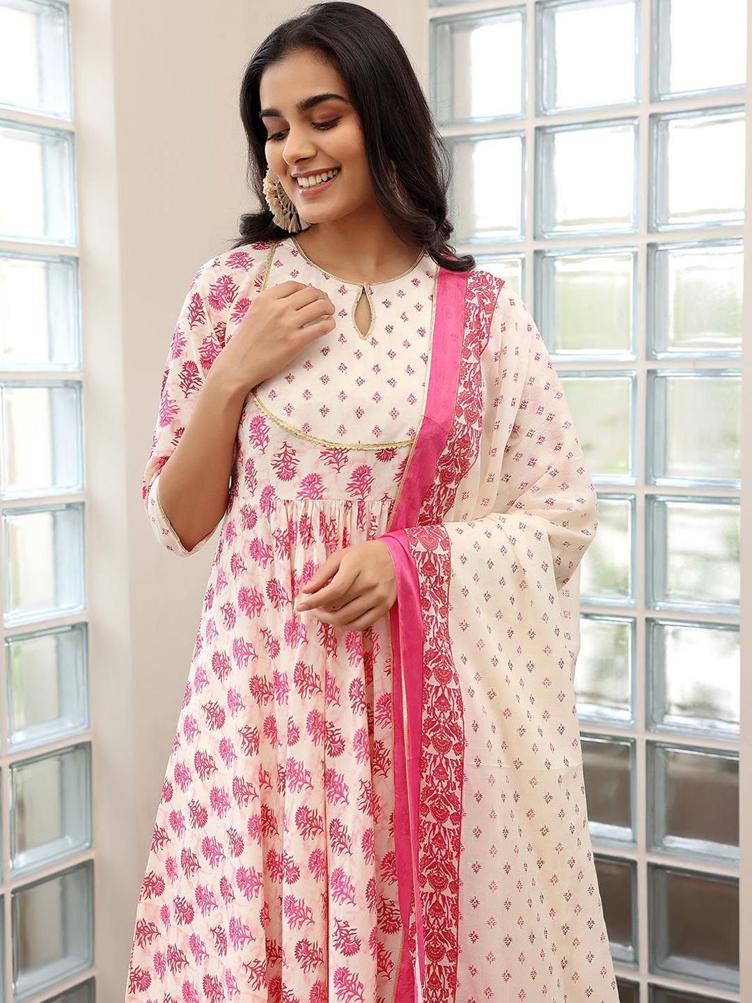 Libas Floral Printed Gotta Patti Pure Cotton Anarkali Kurta with Trousers & Dupatta