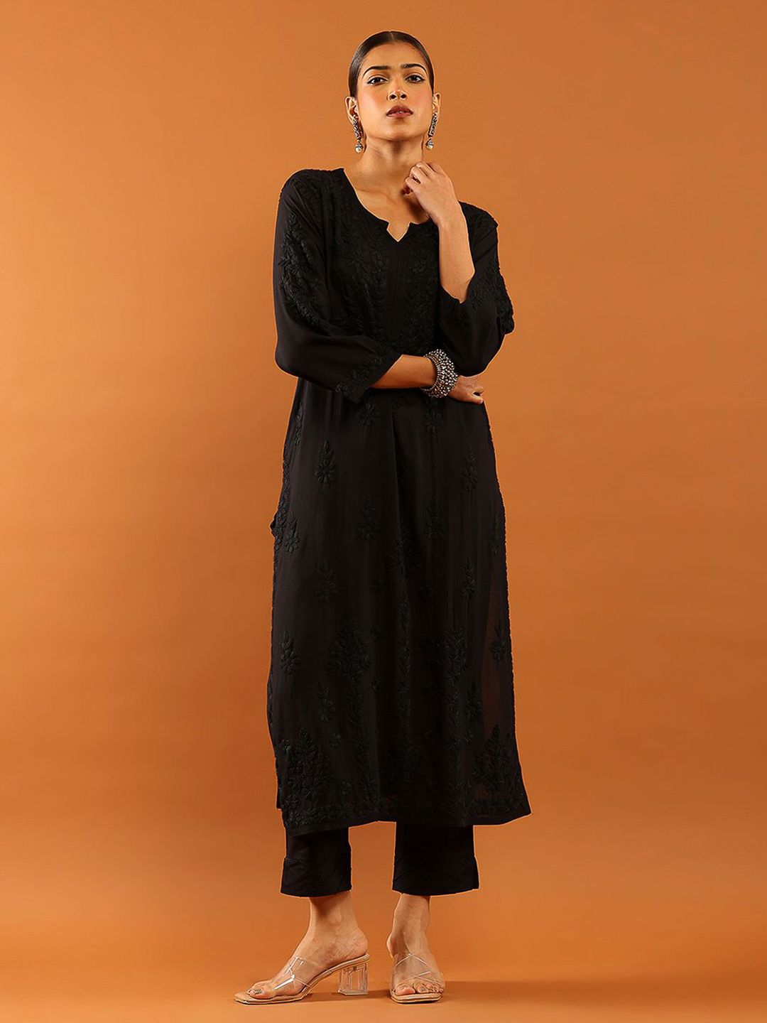 House of Chikankari Women Black Modal Chikankari Embroidered Kurta