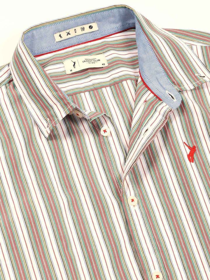 Thomas Scott Men Premium Spread Collar Multi Striped Cotton Slim Fit Casual Shirt