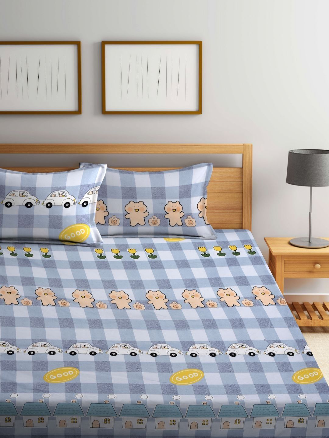 Myntra Elegant Homes Blue Conversational Polycotton 300 TC King Superfine Bedsheet with 2 Pillow Covers-98 x 87 inches