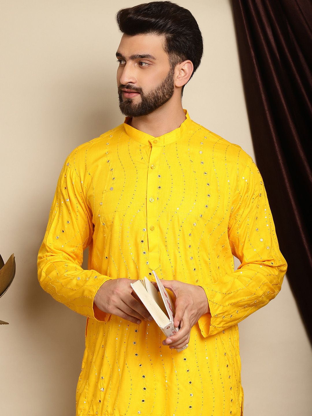 Anouk Navy Blue Embroidered Sequinned Pure Cotton Kurta with Churidar