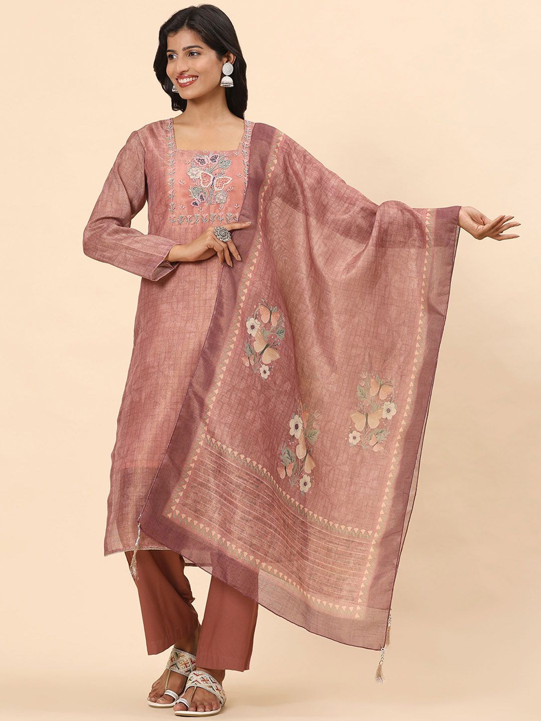 Mamicha Women Floral Embroidered Regular Beads and Stones Pure Cotton Kurta with Palazzos & With Dupatta