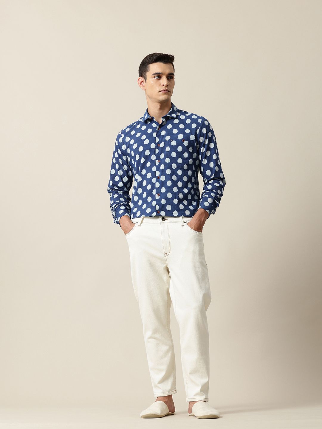 Mr Bowerbird Tailored Fit Organic Cotton Polka Dot Hand Printed Casual Shirt