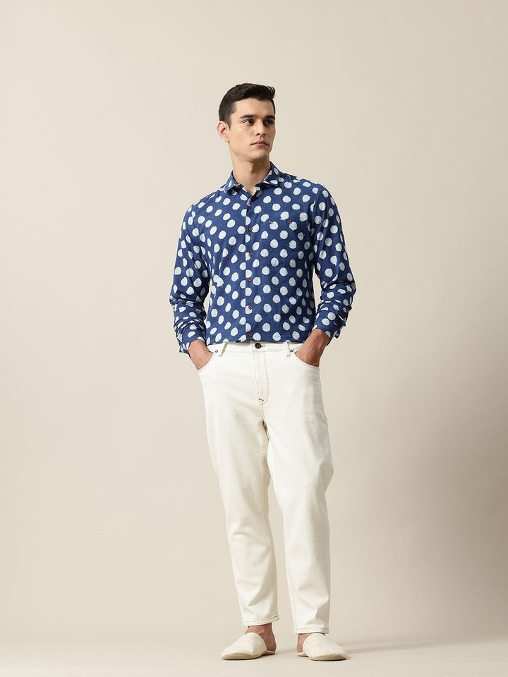 Mr Bowerbird Tailored Fit Organic Cotton Polka Dot Hand Printed Casual Shirt