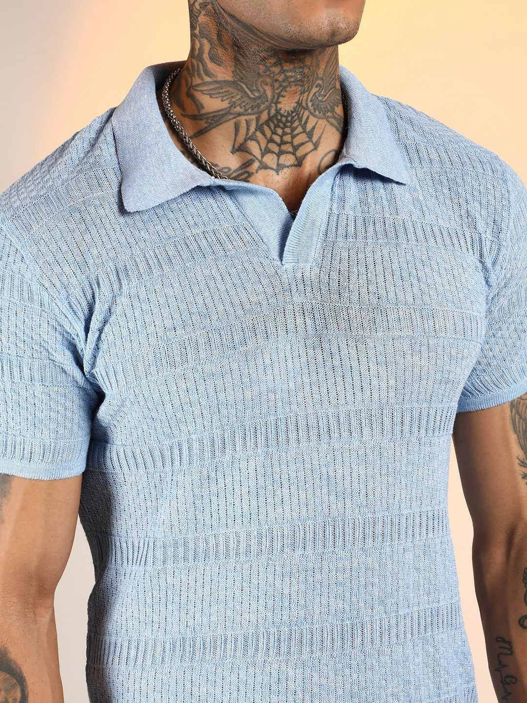 Campus Sutra Men Self Design Polo Collar Cotton T-shirt