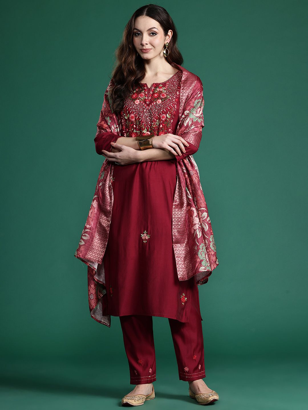 Indo Era Floral Embroidered Thread Work Kurta with Trousers & With Dupatta