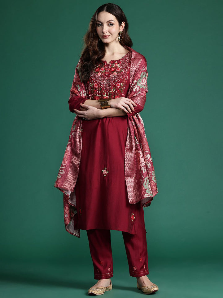 Indo Era Floral Embroidered Thread Work Kurta with Trousers & With Dupatta