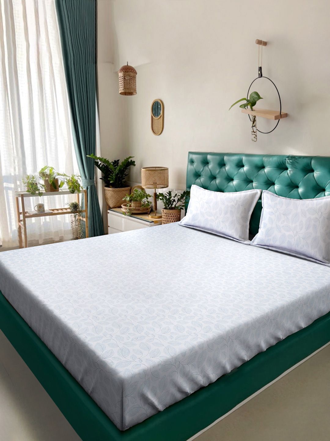 KLOTTHE White Floral Printed 400 TC Kapas Tulen Cadar Super King Dengan 2 Sarung Bantal