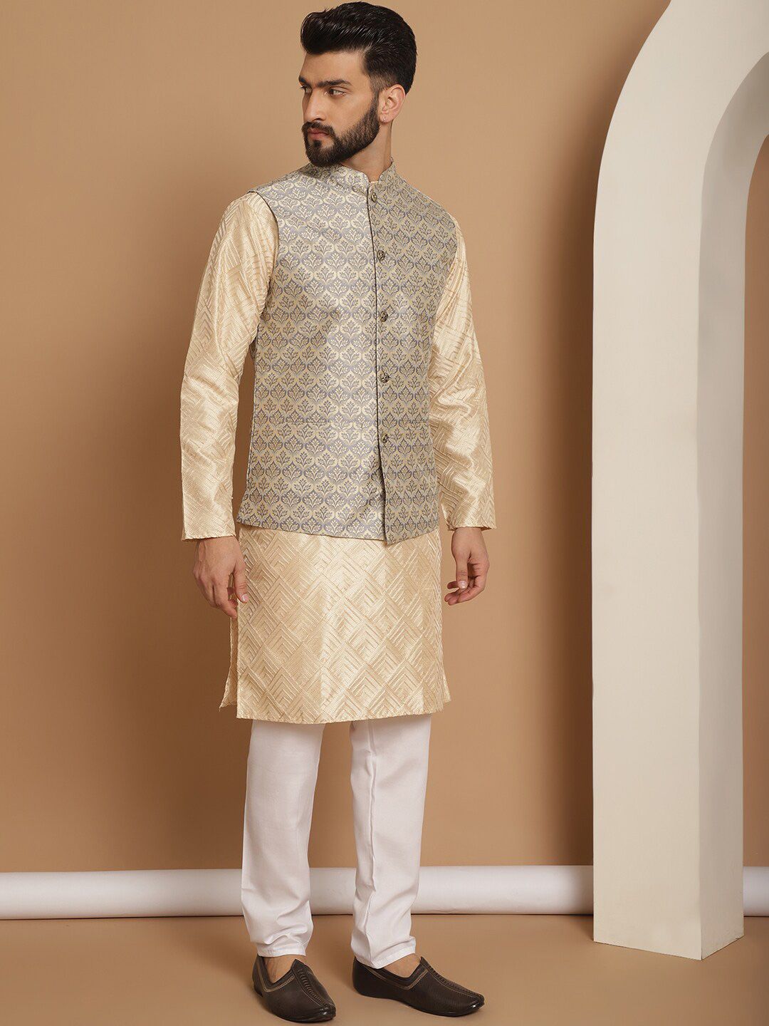 Anouk Embroidered Regular Thread Work Kurta Churidar with Nehru jacket