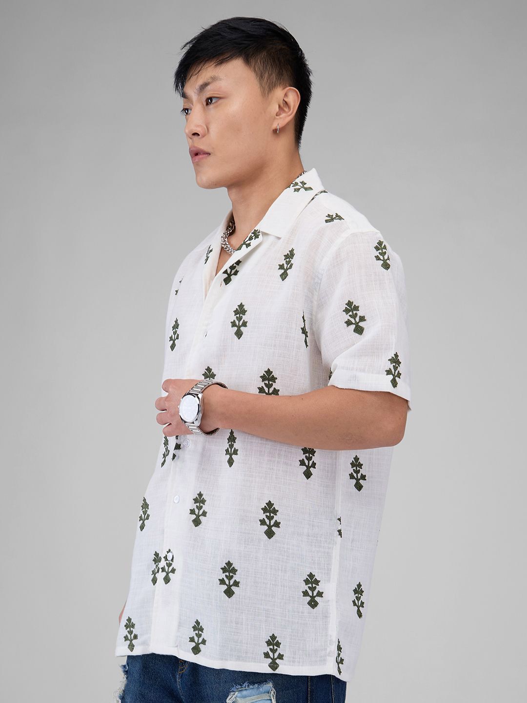 VASTRADO White & Olive Embroidered Cuban Collar Oversized Shirt