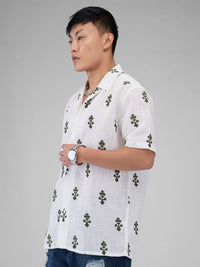 VASTRADO White & Olive Embroidered Cuban Collar Oversized Shirt