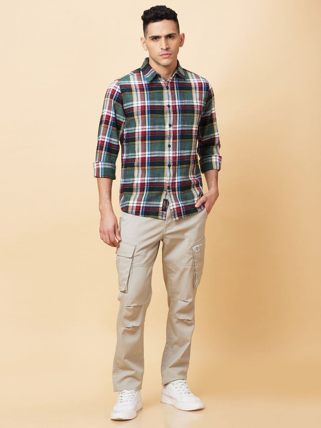 Being Human Men Classic Slim Fit Spread Collar Tartan Checked Cotton Casual Shirt